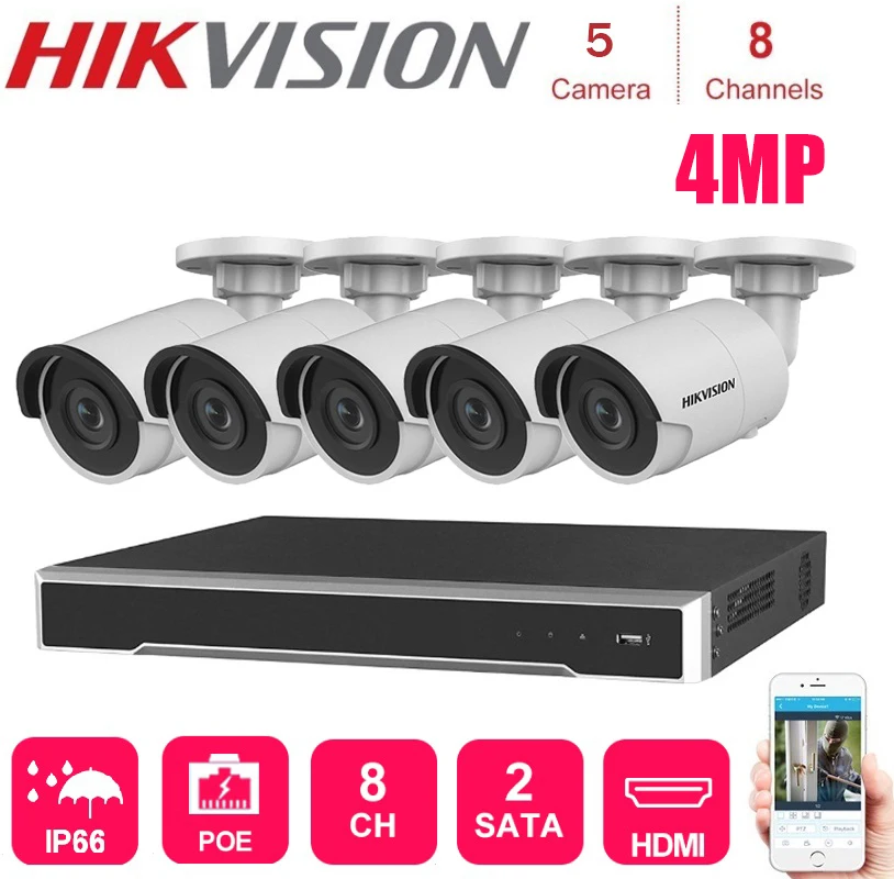 Hikvision 4K сеть 8 каналов POE NVR с 5 комплектами 4MP ip камера Сетевая безопасность ночное