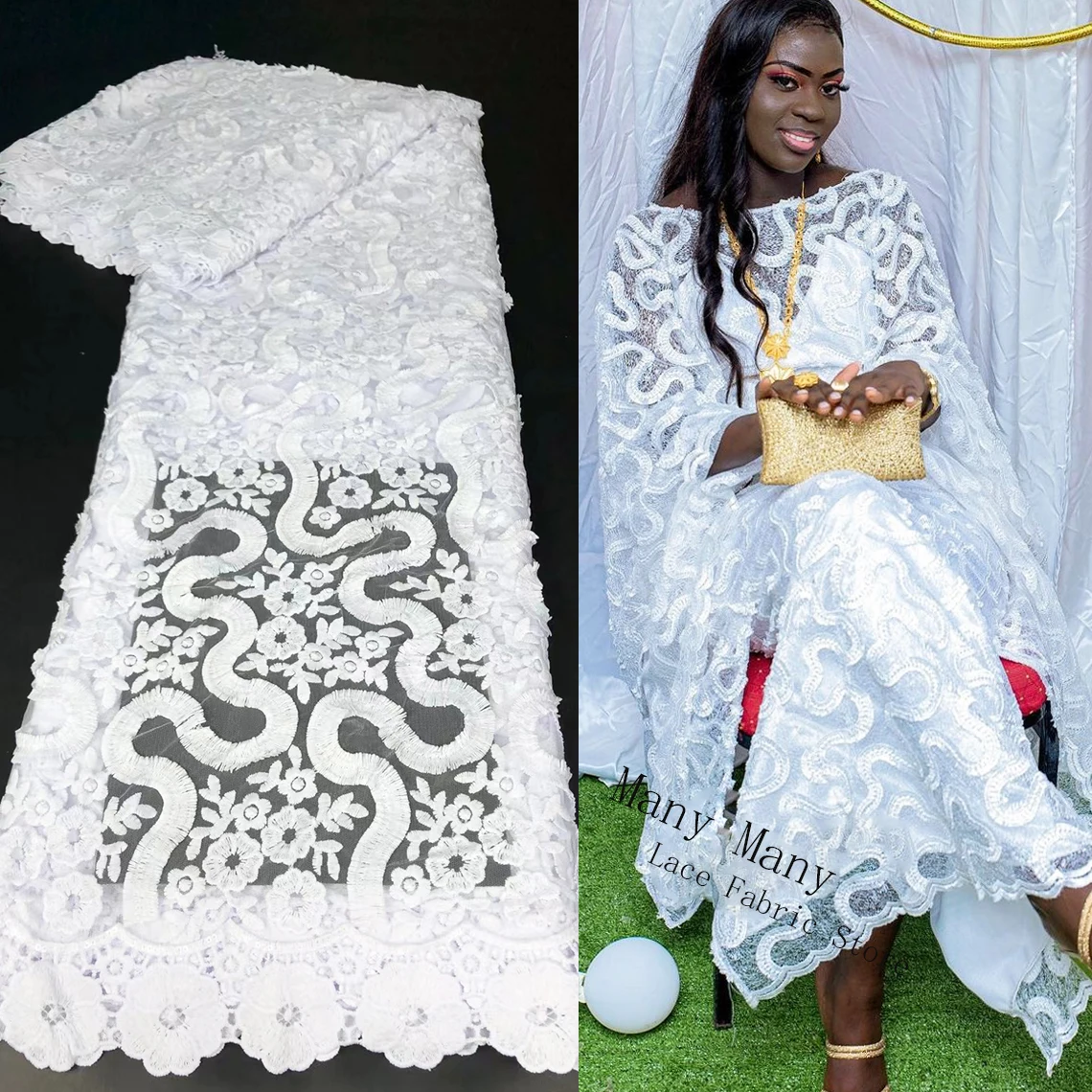 

Pure White African Wedding Net Lace Fabrics High Quality Sequined Embroidered Mesh Tulle Laces For Queen Bride Dresses Material