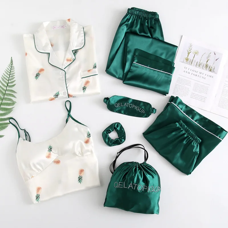 

Pajamas Set Women Silk Summer Sexy Flower Pyjamas Sexy Female Long Sleeve Shirt Pants Handwork Stitch Lingerie Striped Sleepwear