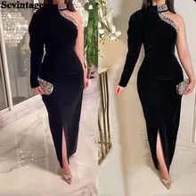 Sevintage Black Velvet Dubai Prom Dresses One Long Sleeves Arabia Evening Party Dress Beaded Slit Custom Made Women Party Gowns (1)