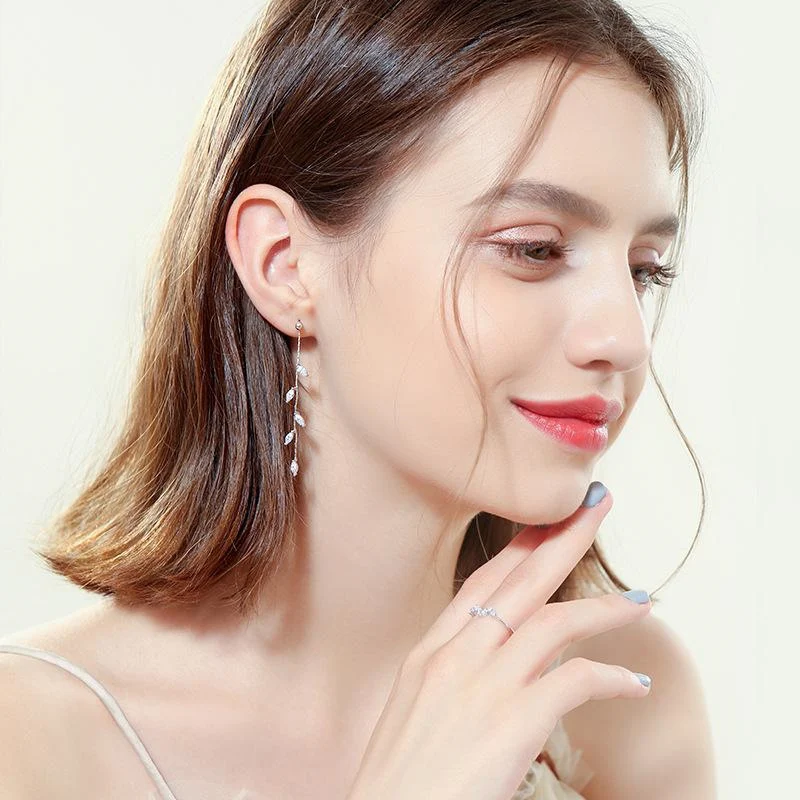 

Long Silver Plated Crystal Leaf Tassel Drop Earrings For Women Wedding Fashion 2020 Jewelry Gift