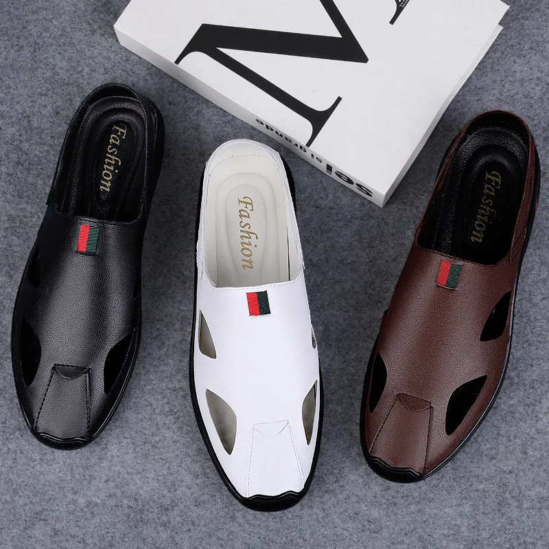 

Men's casual fashion sandals new summer Baotou ripped shoes men's leather shoes soft leather beach shoes