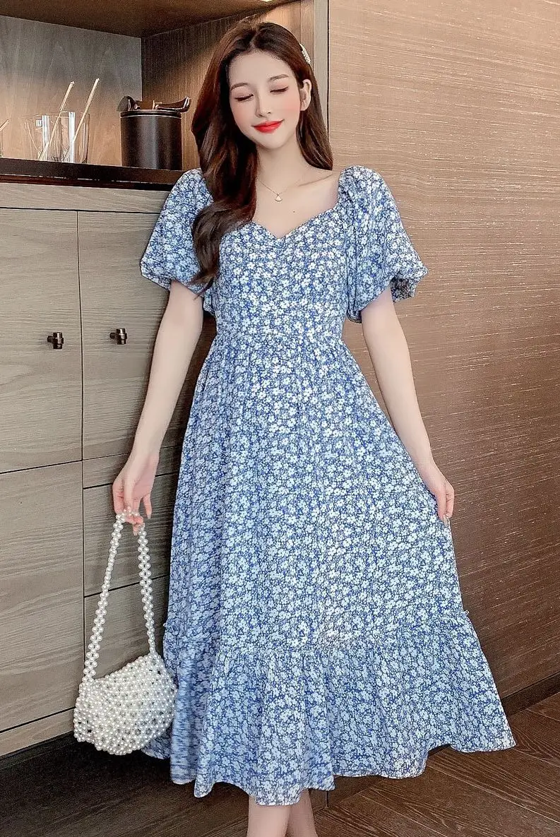 

COIGARSAM Vintage Floral Print Women Long dress Chiffon High Waist V-Neck Dresses Blue And White 9399