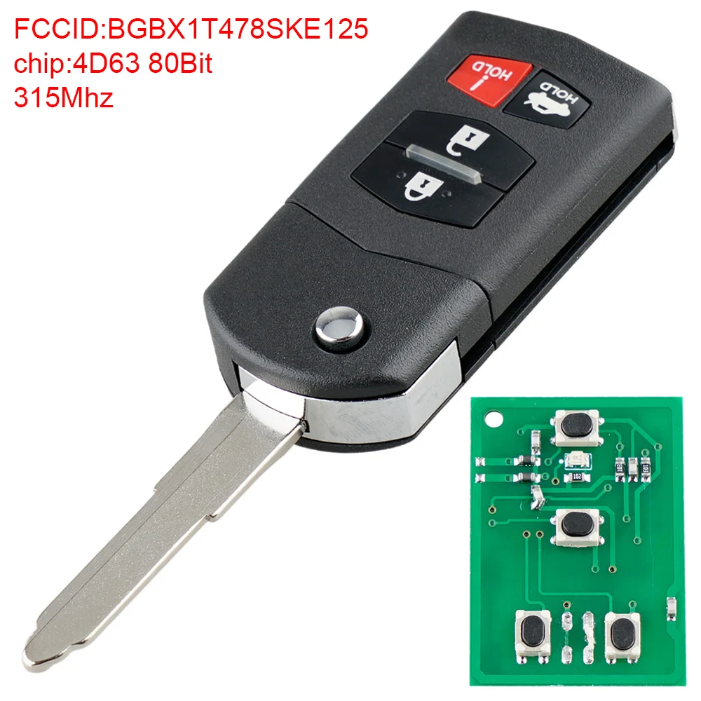 

315MHz 3+1 Buttons Remote Car Key Fob with 4D63 80Bits Chip BGBX1T478SKE125 Fit for Mazda 3 5 6 RX-8 CX-7 CX-9 MAZ24R