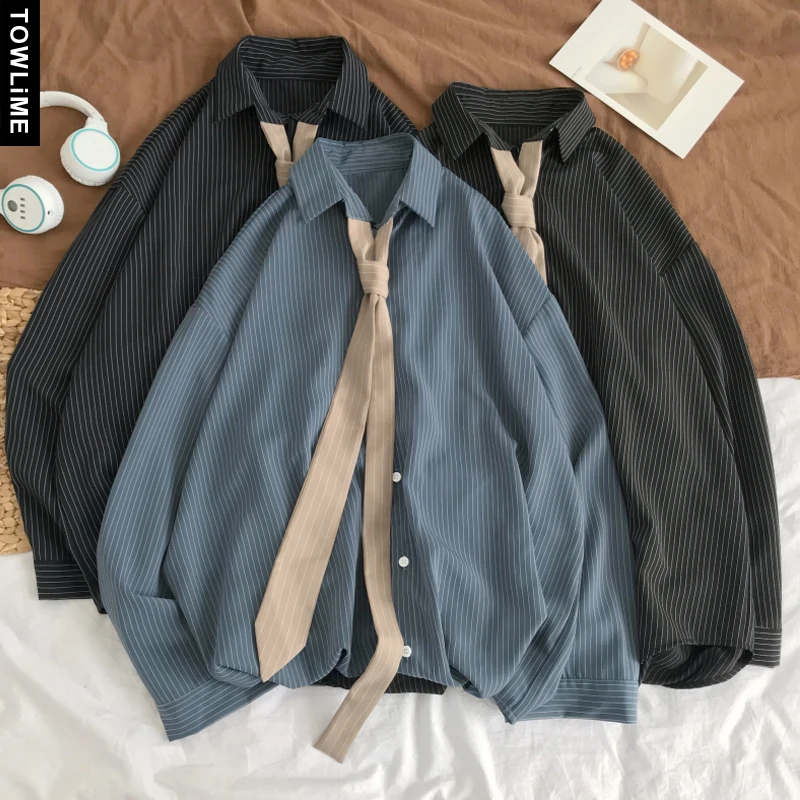 

Men's Casual Long Sleeve Striped Shirts 2021 Fashion Oversize Vintage Male Clothing Harajuku Streetwear Women Blouses With Tie