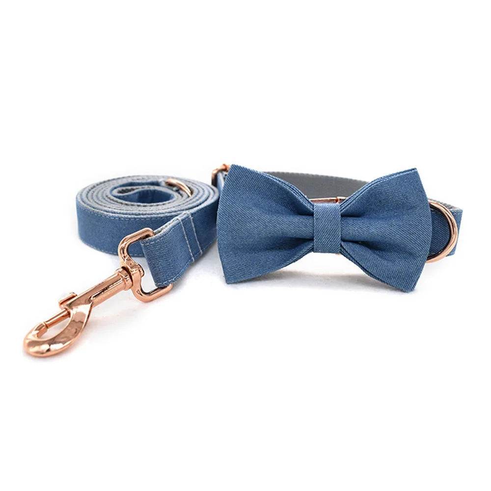 

Denim Dog Collar with Bow tie for Small Medium Large Dogs Cotton Webbing Dog Cat Collar Leash Set Removable Pet Dog Accessories