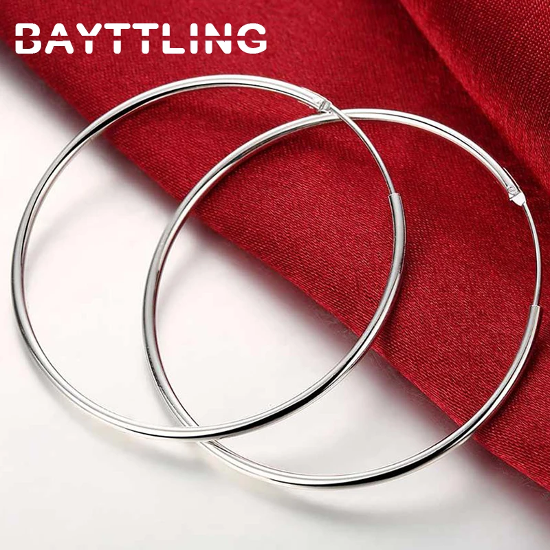 

BAYTTLING New 925 Sterling Silver 50MM/60MM Big Smooth Round Hoop Earrings For Women Fashion Wedding Statement Jewelry Gifts