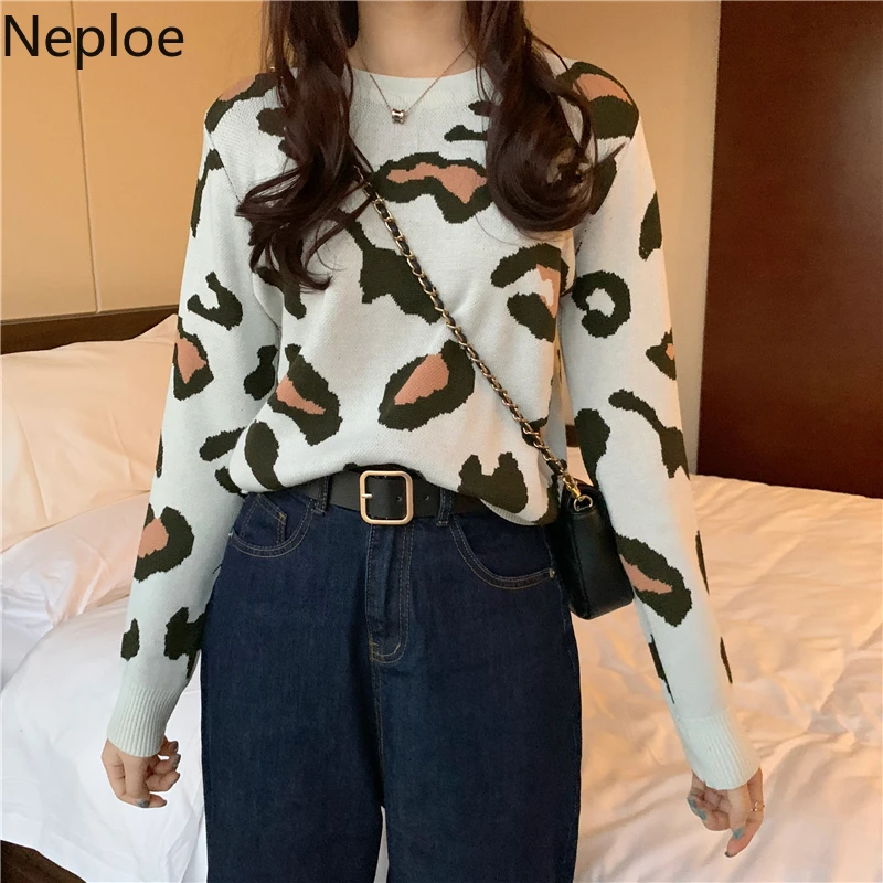 Neploe свободный Сумасшедший стиль Леопардовый узор вязаный свитер О-образный