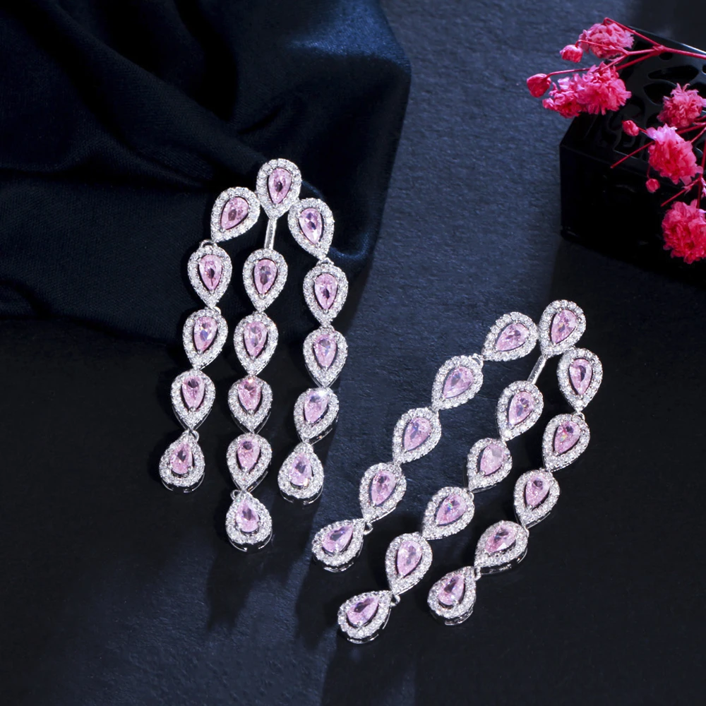 

ThreeGraces элегантное для свадьбы помолвки ювелирные изделия Блестящий розовый фианит длинные висячие серьги люстры для невест женщин ER693