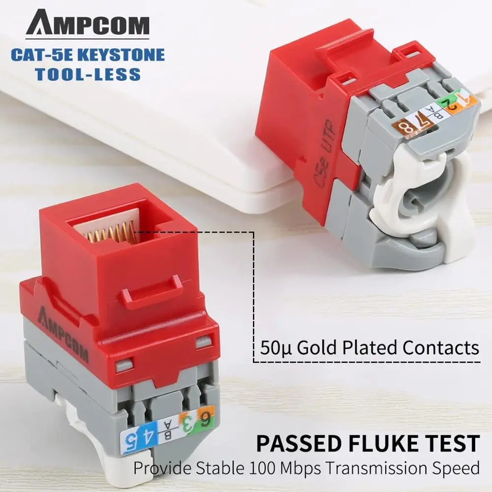 Кабель AMPCOM CAT5e RJ45 5 упаковок без ключа пробойника красный разъем модуля UTP|Детали