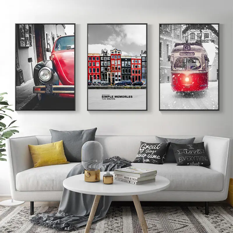 Скандинавский стиль черно-белые красные автомобильные фрески архитектурная