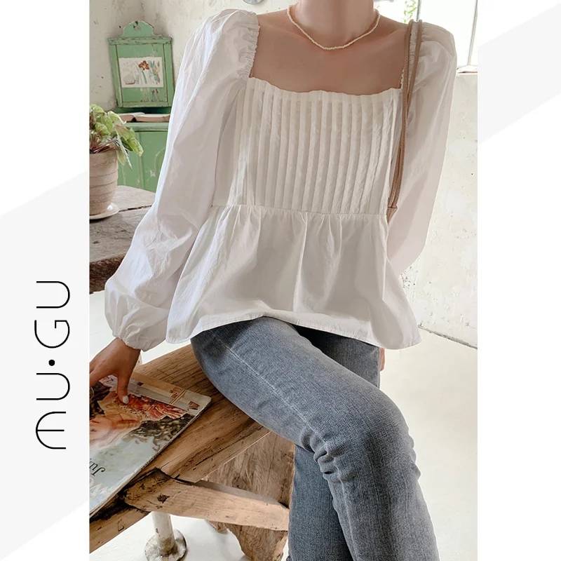 

Осенне-зимняя французская Милая квадратная рубашка Шея куклы 2021 рубашка свободного покроя с изображением морщин и пузырьков на рукавах для...