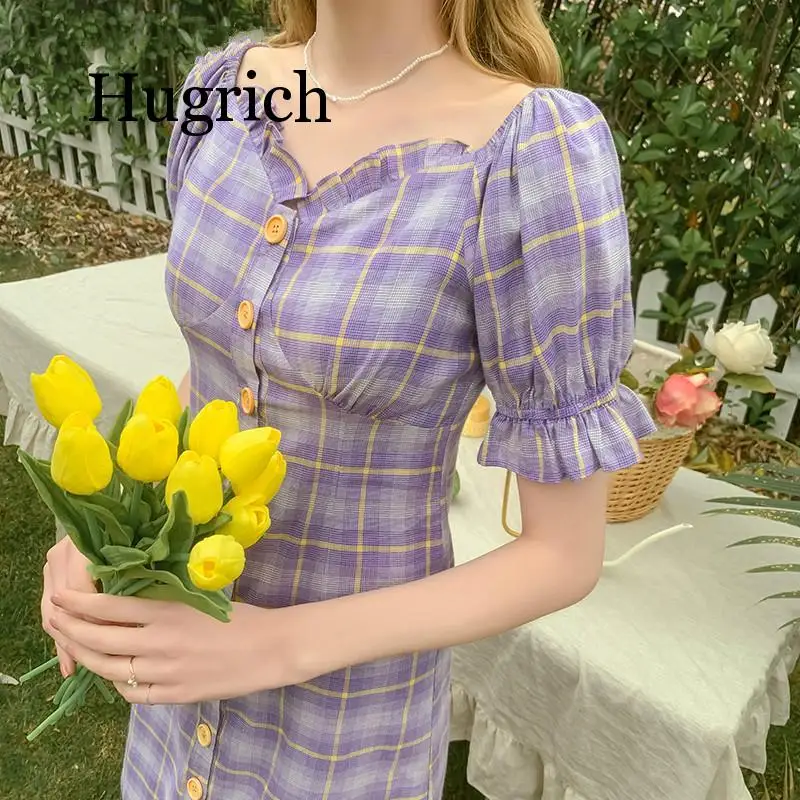

New 2020 Style Cute Mini Dresses Hot Sales Women Summer Short Sleeve Design Purple Button Shirt Dress Elegant Plaid Dress