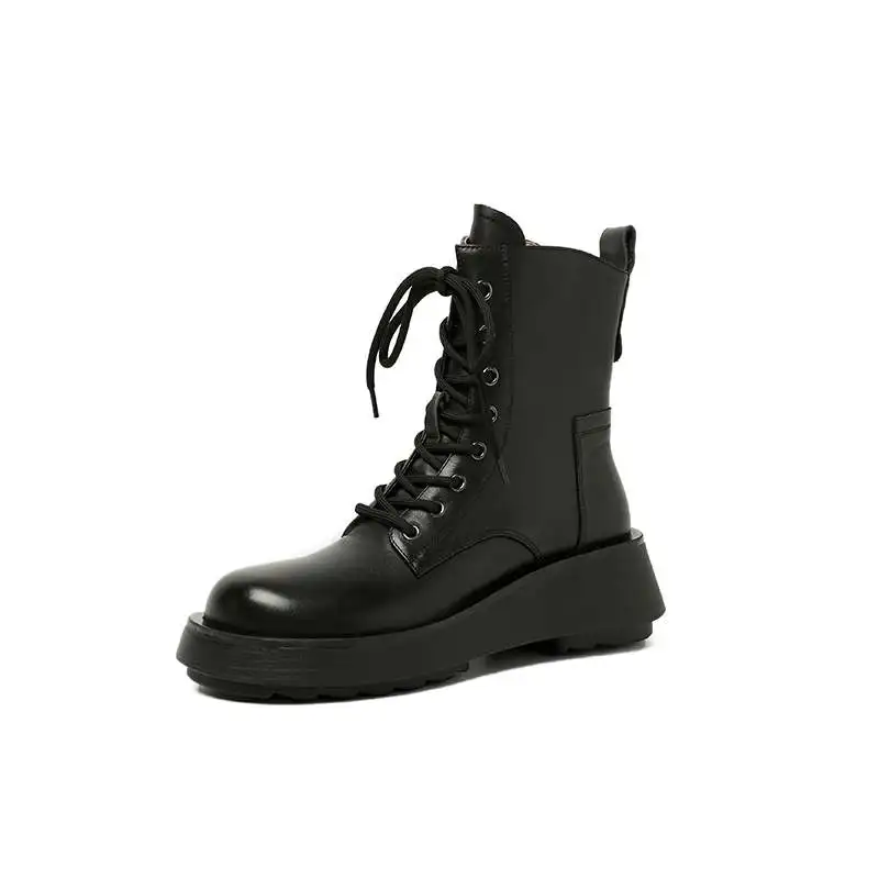 Jual Sepatu Bot Sekolah Inggris Barat Kasual Ujung Kaki Bulat Kulit Sapi Panci Krazing Sepatu Bot Pergelangan Kaki Bagian Bawah Tebal Tetap Terikat Silang Renda