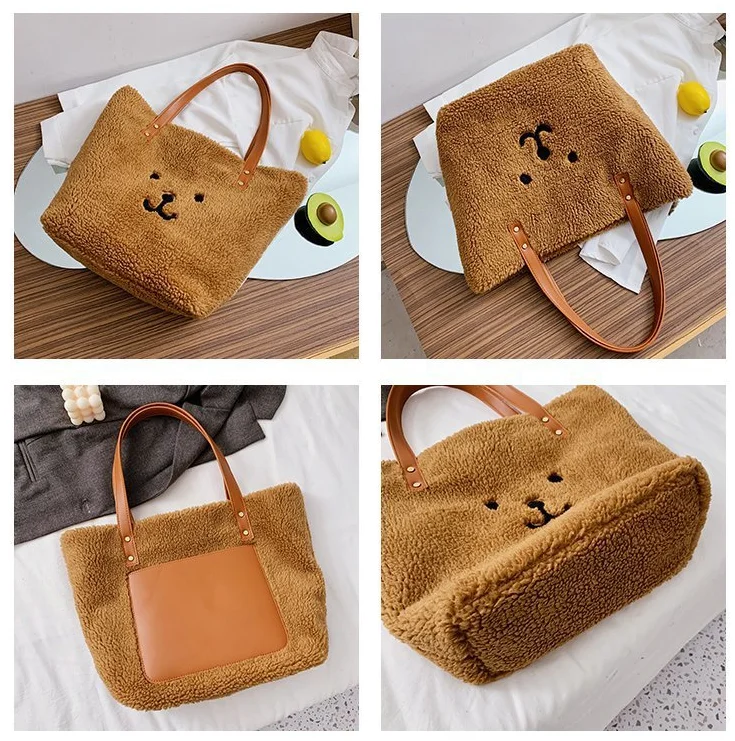 

Women Lamb Handbags Fashion Bear Pattern Ladies Female Classic Elegant Shoulder Handbags Vintage Lamb Shoulder Bag