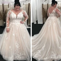plus size v neck wedding dresses sheer full sleeves lace appliques a line tulle long dress bridal gowns formal robe de mariee