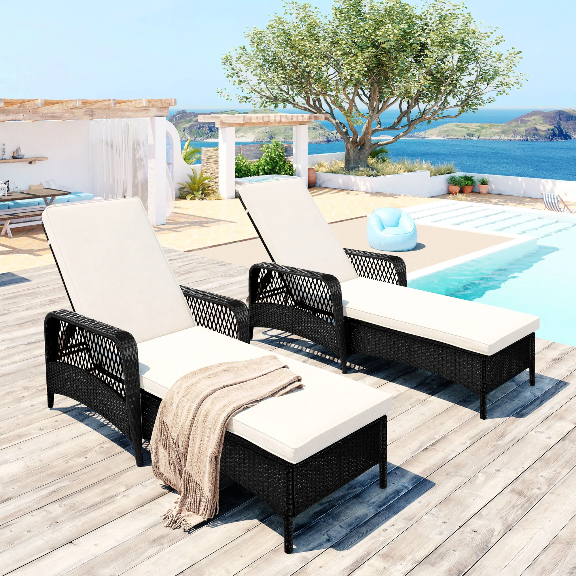 

Outdoor Patio Set Furniture Rattan Garden Long Couch Set Soft Poolside Furniture Home Furnitures