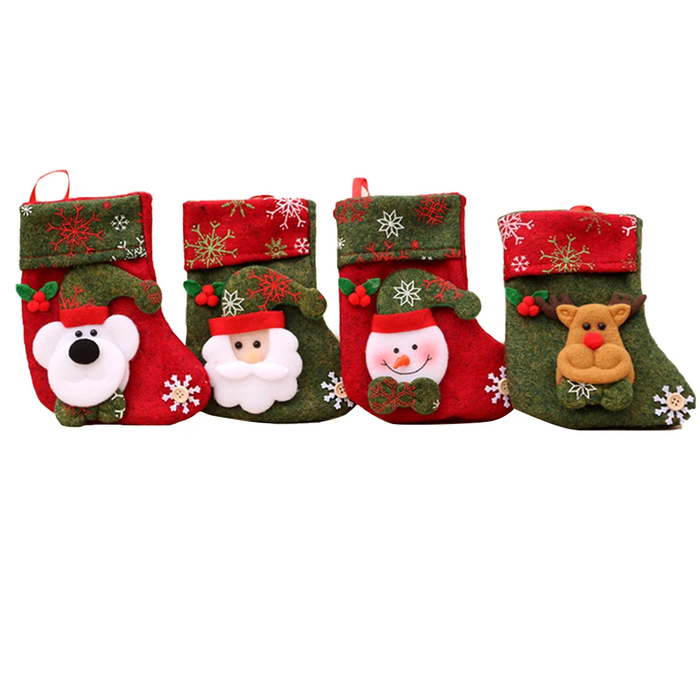

4 PCS New Flannel Christmas Stockings With Santa Snowman Deer Bear Candy Bag Flannel Christmas Socks For Decorations Gift
