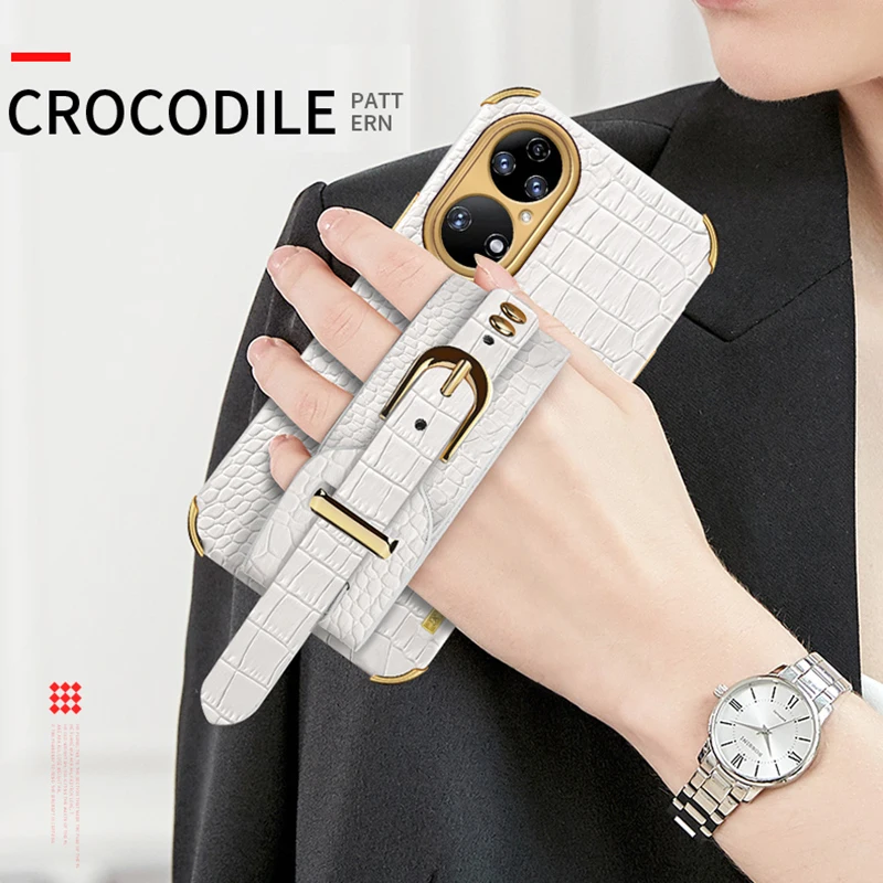 

Luxury Crocodile Pattern Leather Case For Huawei P50 Pro P40 Cover Plating Shockproof Stand With Strap Funda Capa