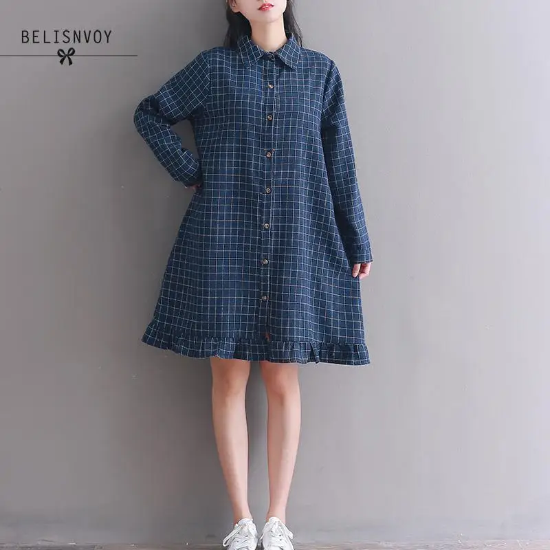 Mori Girl весна осень Kawaii женское мини-платье красное темно-синее винтажное короткое платье в клетку элегантное хлопковое милое платье-рубашка с оборками