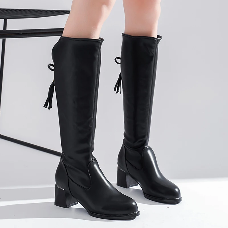 

Rimocy Fashion Bowknot Square Heels Long Boots Women Autumn Winter Knee High Boots Woman Slip on Black PU Leather Botas Mujer