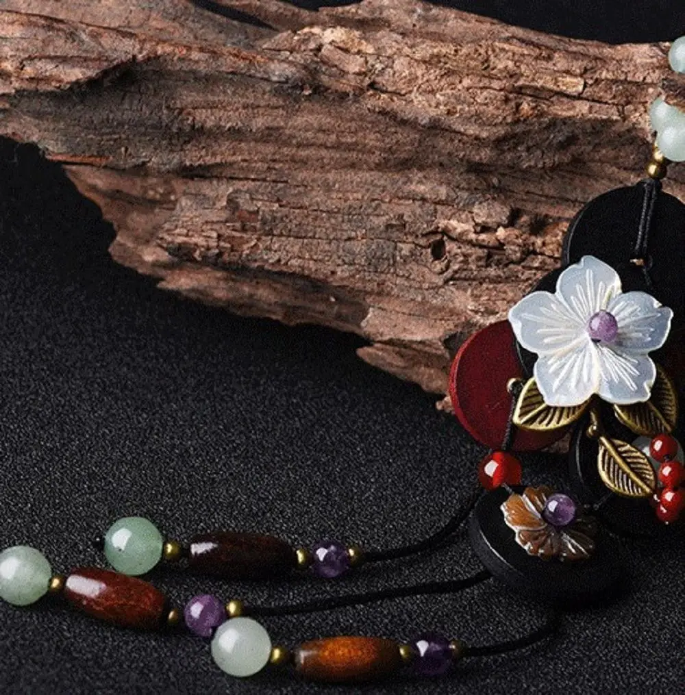

Accessories Handmade Japis Aventurine purple crystal Shell flowers wooden necklace Ethnic exotic necklace Long pendants