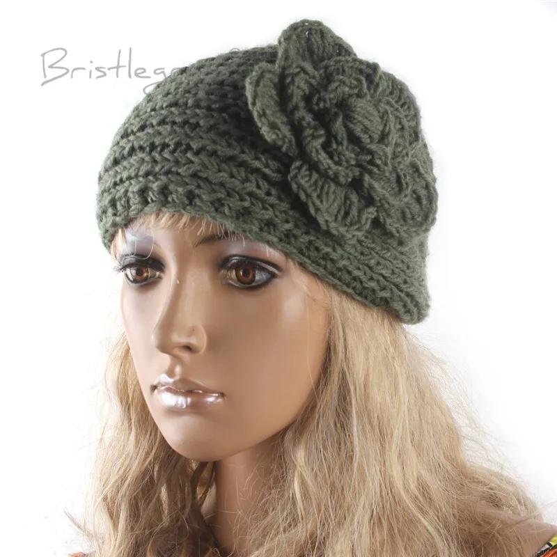 

BRISTLEGRASS Women's Winter Solid Flower Crochet Knitting Knitted Headband with Button Headwrap Ear Warmer Turban Hair Band
