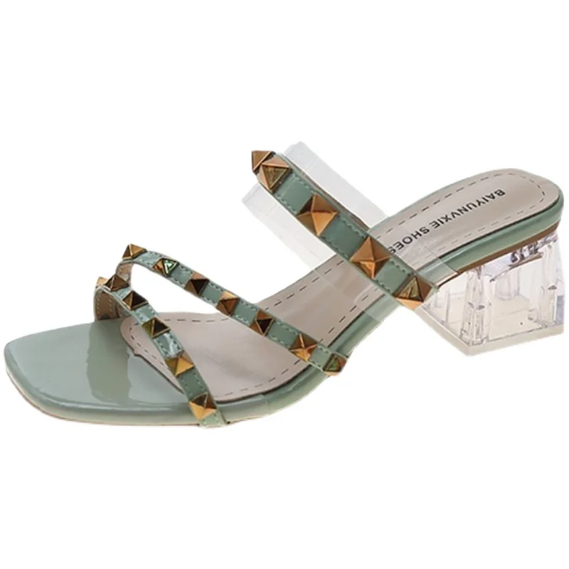

Shoes Woman 2021 Slippers Heels Pantofle Luxury Slides Rivet Shallow Med Square heel High Summer New Designer Block Pumps Rubber