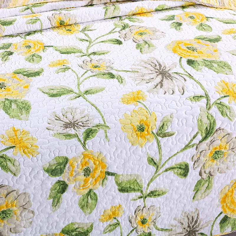 

Geometric quilt bedspread +pillowcase 100%cotton bed cover patchwork American style yellow flower air condition quilt king queen