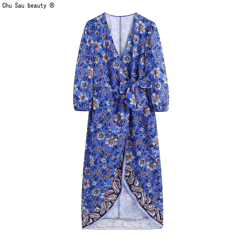 

Женское платье на шнуровке, винтажное платье с цветочным принтом, V-образным вырезом и запахом, осень 2021