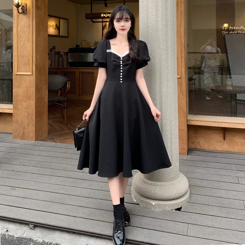 

Big Elegant French Black Dress Retro Lace-up Waist-Controlled DressNuyoah