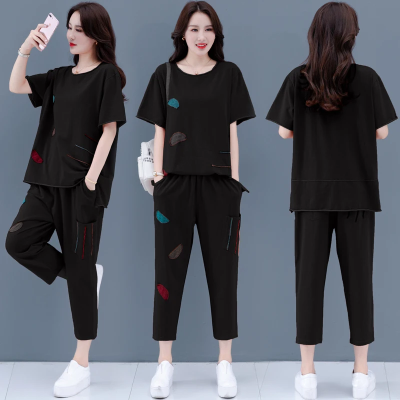 

Summer 2020 new large size ladies comfortable leisure short-sleeved round collar patch top sweatshirt trousers two pcs suits