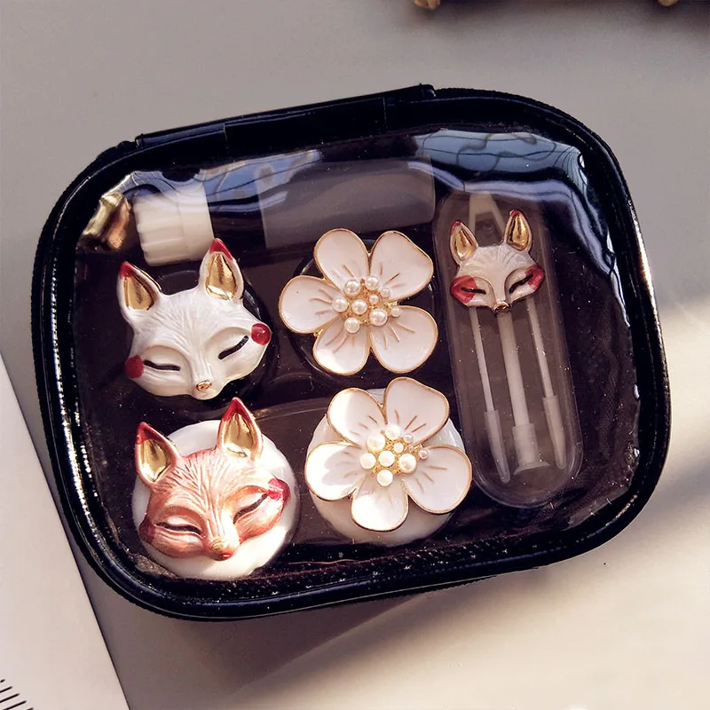 Прекрасный ручной работы Корона контактные линзы чехол с зеркалом дорожные линзы коробка глазные контактные линзы коробка 2 пары контейнер для женщин - Цвет: fox