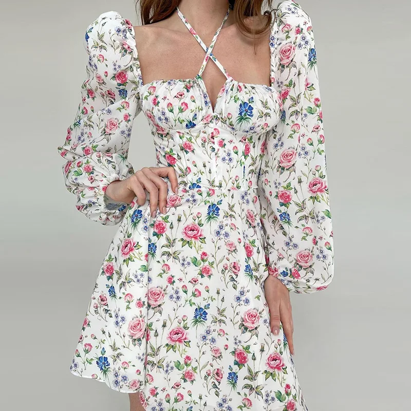 

Floral Dress Women Lantern Long Sleeve Ruched Print A Line Square Neck Tie up Mini Vestidos Sexy Chic Summer Beach Dress