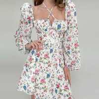 floral dress women lantern long sleeve ruched print a line square neck tie up mini vestidos sexy chic summer beach dress