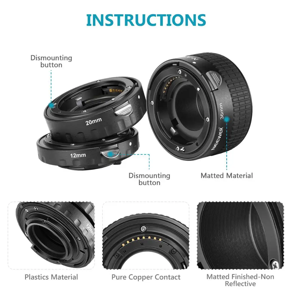 Neewer 2 мм 20 36 AF Автофокус ABS Набор удлинительных трубок для Nikon