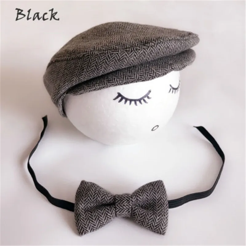 Newborn Baby Peaked Beanie Cap Hat + Bow Tie Photo Photography Prop Outfit Set Little Gentle Man Accessories | Детская одежда и
