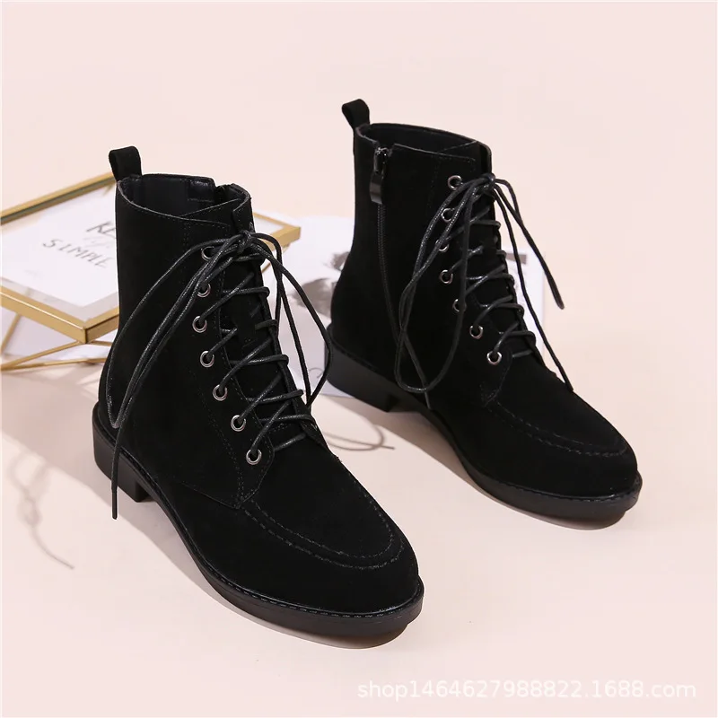 

Big Size Ladies Martin Boots 2021 Spring Autumn Round Toe Square Heels Lace Up Motorcycle Shoes Women Female Ankle Short Boots