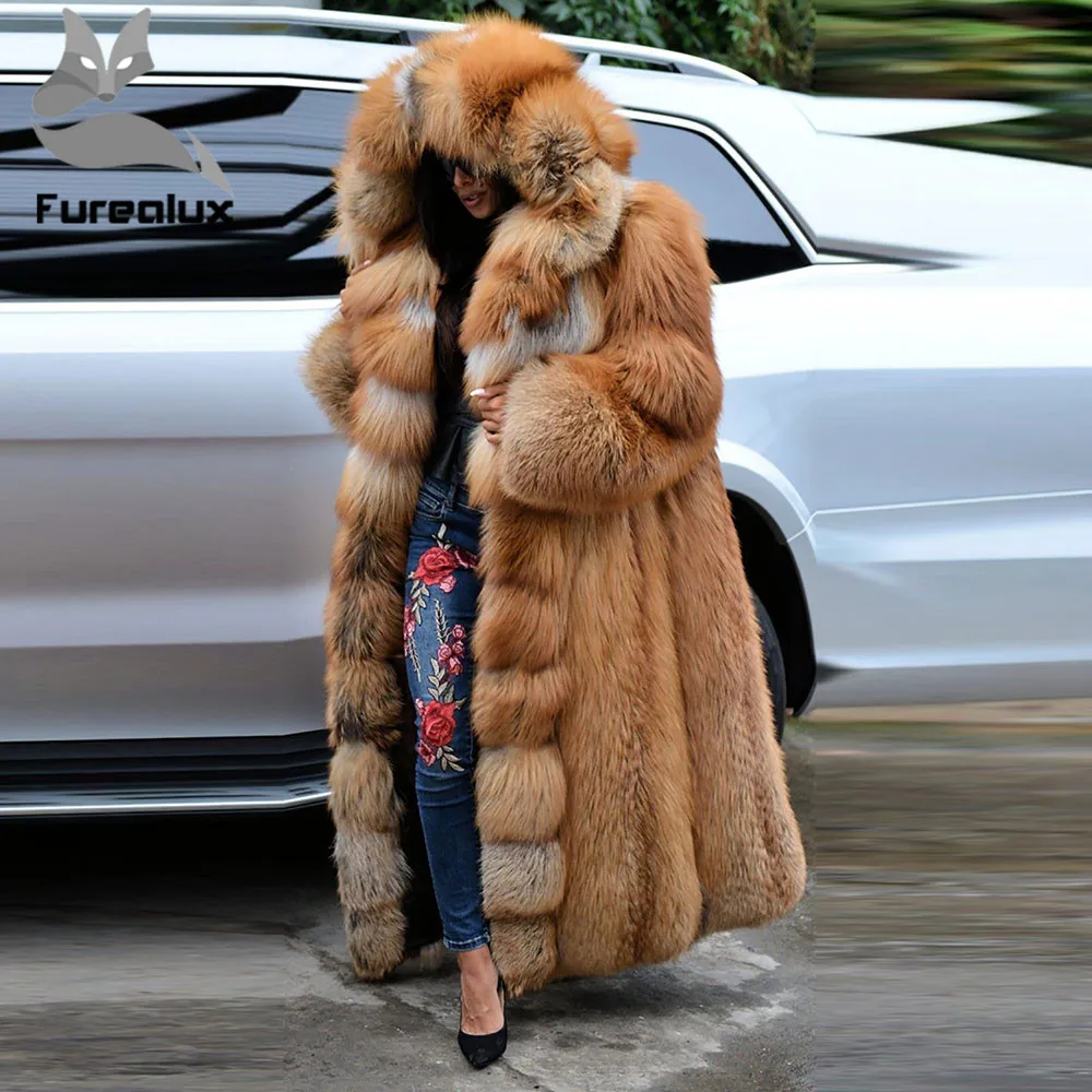 Furealux Новая шуба из натурального Лисьего меха с длинными рукавами Роскошная