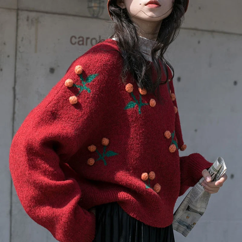 

Свитер женский с круглым вырезом, короткий Рождественский пуловер с вишней, Свободный вязаный Топ с длинным рукавом в Корейском стиле, Осен...