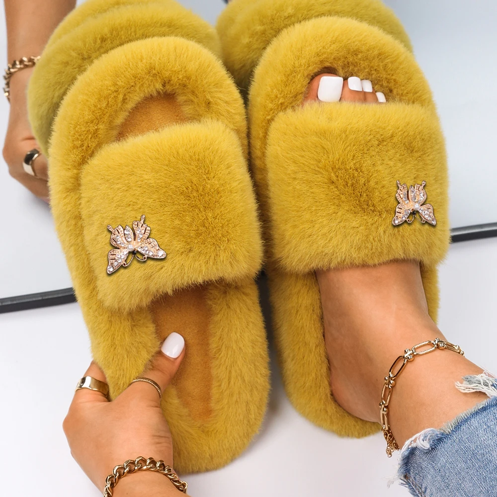 Fluffy Slippers Women Golden Butterfly Faux Fur Slides Ladies Flip Flops Fashion Sandals Luxury Designer Slippers Fuzzy Shoes images - 6