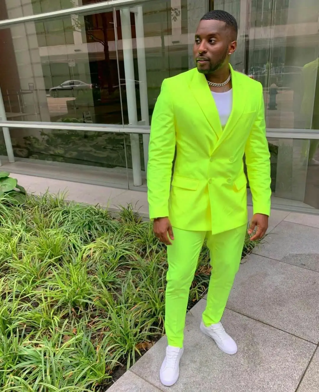 

(Jacket+Pants) Fluorescent Green Suit Jacket Pant Double Breasted Custom Made Formal Suits Wedding Tuxedos Business Wear