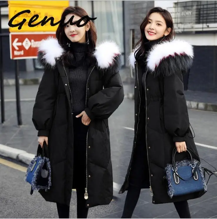 

Genuo 2019 New Winter Women Casual White Duck Down Long Coat Outwear Female Real Raccoon Fur Hooded Thicken Warm Jackets Parkas