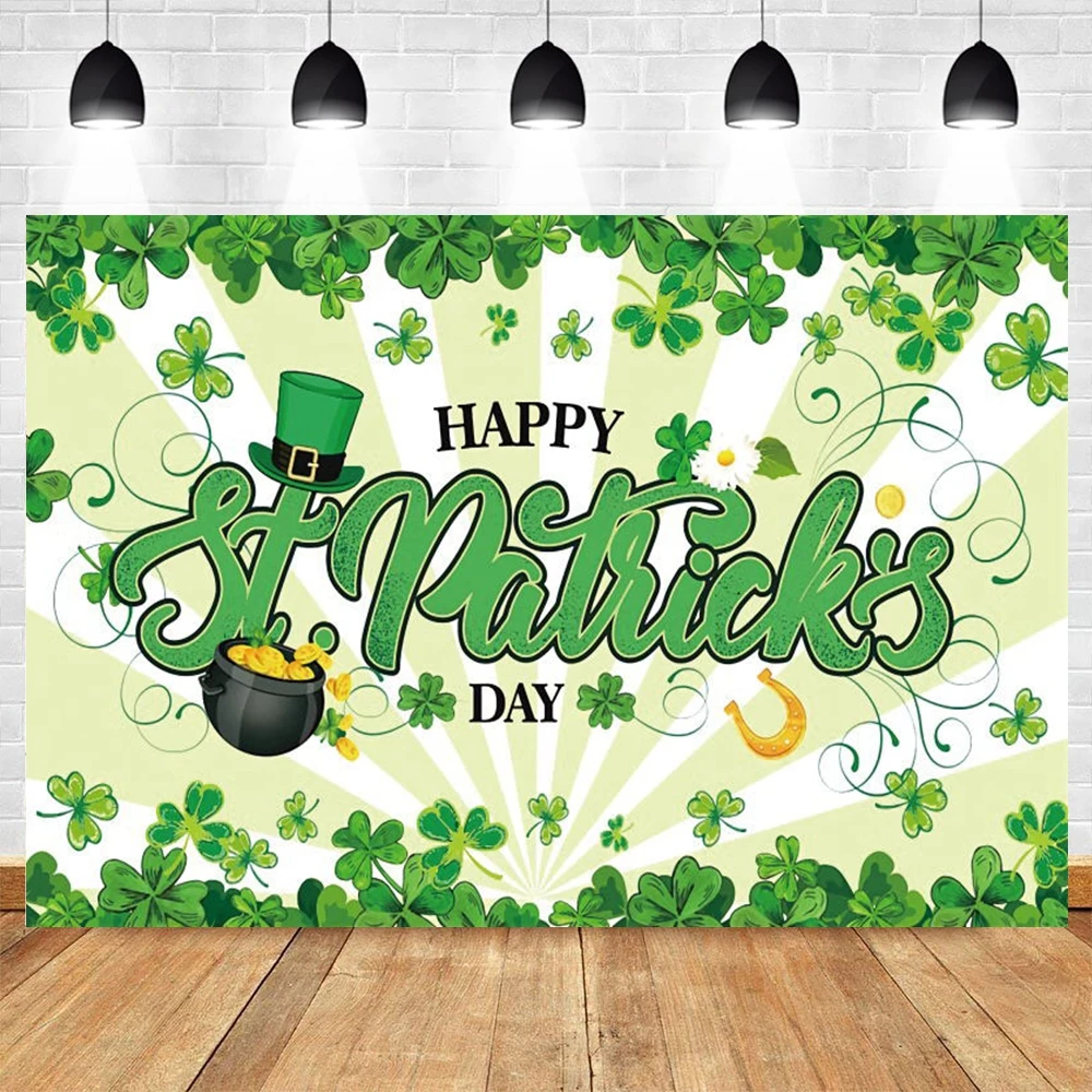 

Happy St Patricks Day Backdrop Green Spring Shamrock Hat Clover Lucky FLower Party Decor Banner Background Photography Photocall