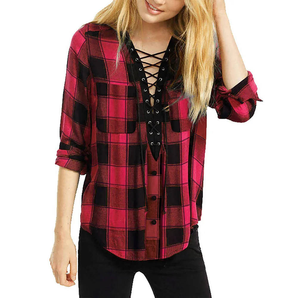 

Women Long Sleeve Plaid Shirt Sexy Bandage Tops Ladies Casual Loose Blouse Checked Retro T-Shirt Fashion Clothes Button Cardigan