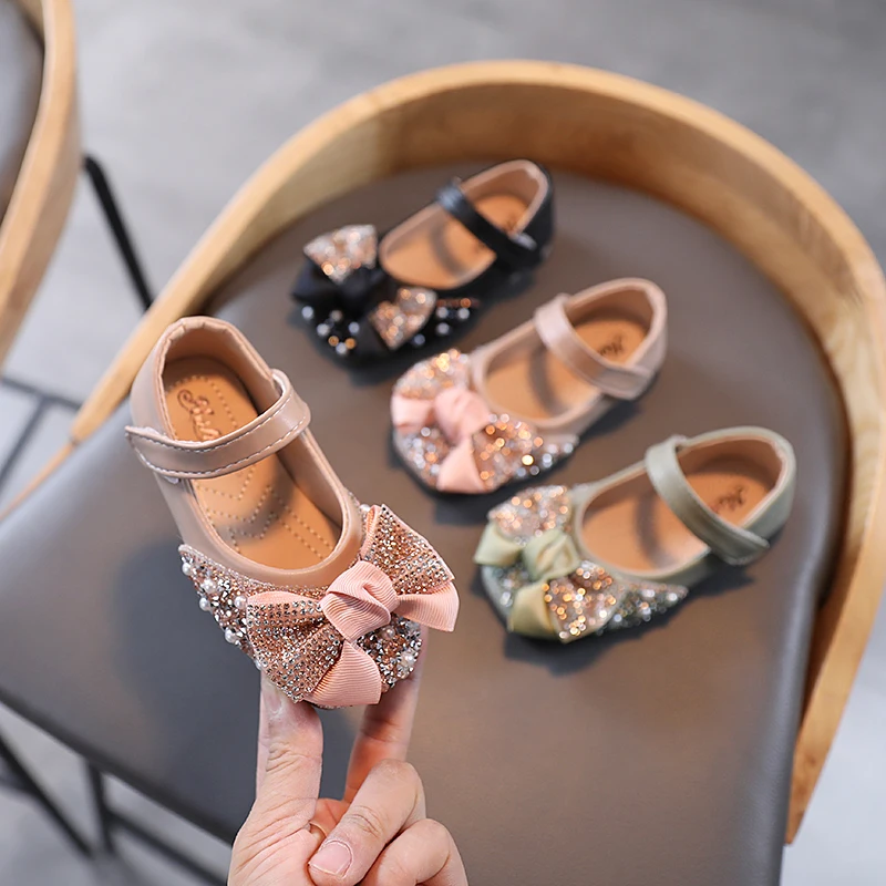 

Toddler girs Leather Rhinestone Shoes Bow Princess Shes for Girls Party Dance Shoes Baby Student Flats Kids Performance Shoes