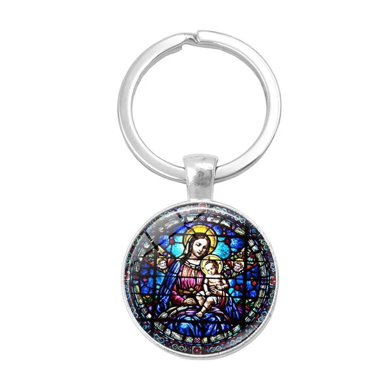 

Christian Jesus Sign Charm Keychain Religious Virgin Mary Car Key Chain i Love Jesus Cross Peace Glass Stone Keyring Gift