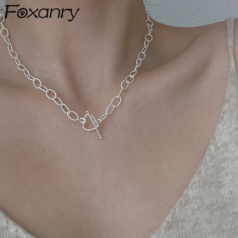 

FOXANRY 925 Sterling Silver Necklace for Women Trendy Elegant Creative OT Buckle Design LOVE Heart Party Jewelry Birthday Gifts