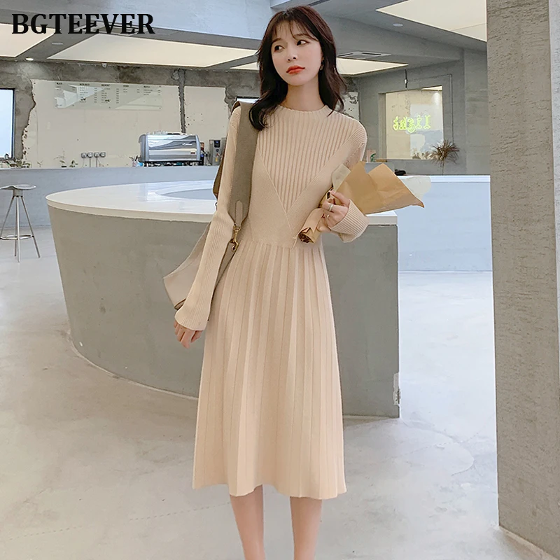 Женское платье свитер с круглым вырезом BGTEEVER Повседневное трикотажное трапеция