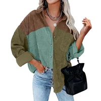 2022 spring autumn pocket women shirt fashion turndown collar long sleeve spell color tops and blouses female loose casual shirt